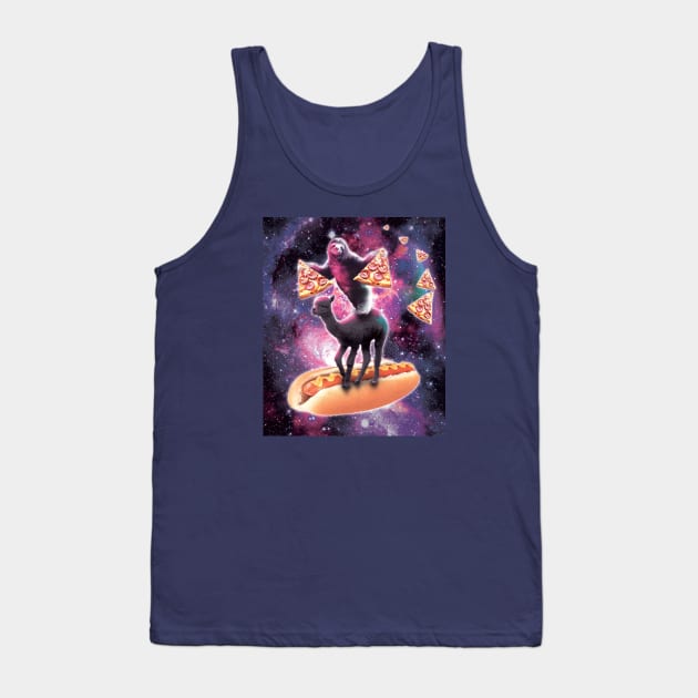Sloth with Pizza Slices Riding Alpaca on Hot Dog Tank Top by Random Galaxy